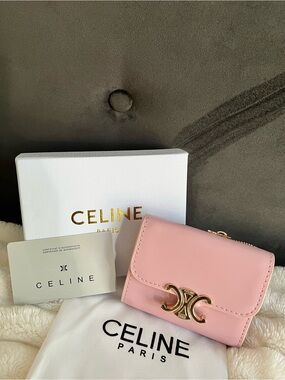 Celine Pink Triomphe Compact Wallet with Gold Hardware
